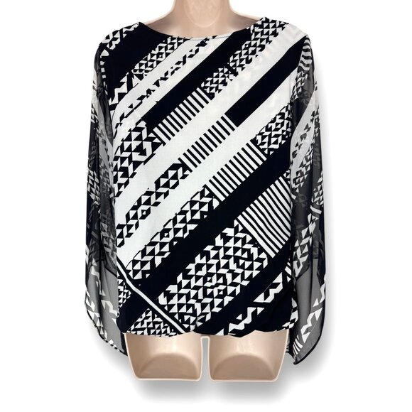 Size S Alfani Black & White Print Embellished Neckline Blouson Top Shirt‎ Blouse - Picture 3 of 6